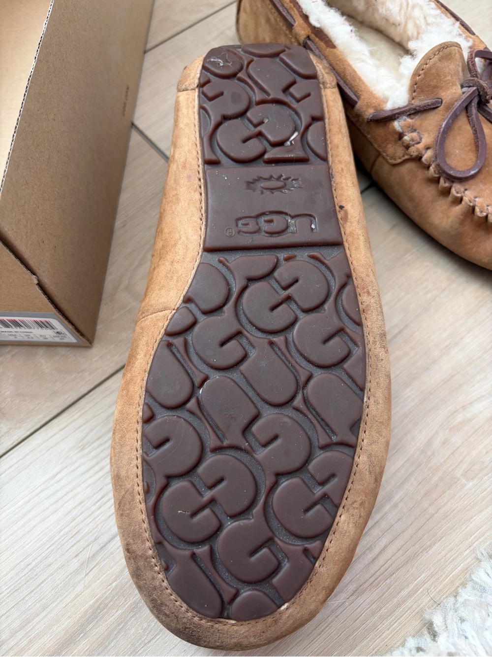 UGG Chestnut Suede Moccasin Slippers with Shearling Trim - Picture 4 of 12